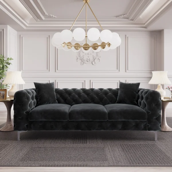 Morden Fort Modern Velvet Sofa with Button Tufted, Solid Wood Frame and Iron Legs - Black