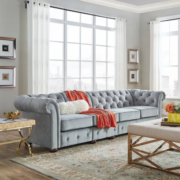 Knightsbridge Light-grey Extra Long Chesterfield Sofa Artisan - 4 Seat Sofa - Grey Velvet