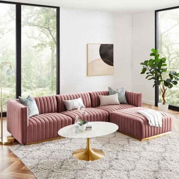 Conjure Channel Tufted Performance Velvet 4-Piece Sectional - Gold Dusty Rose