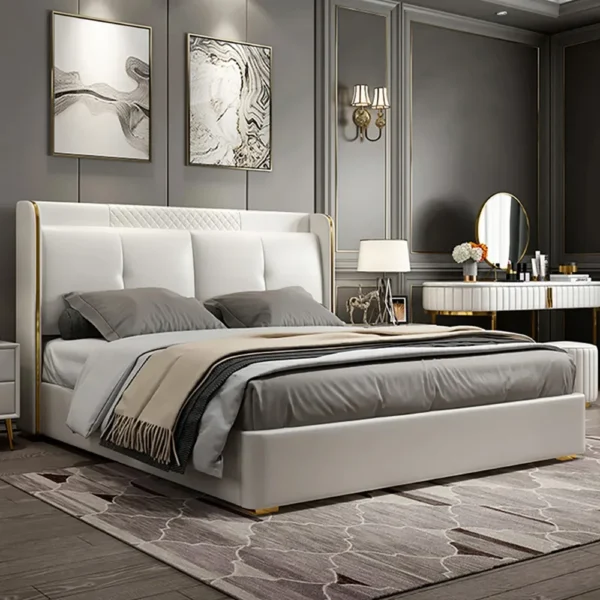 White Wingback King Bed with Faux Leather Upholstered Headboard & Wood Slats