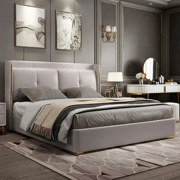 Light Gray Wingback King Bed with Faux Leather Upholstered Headboard & Wood Slats
