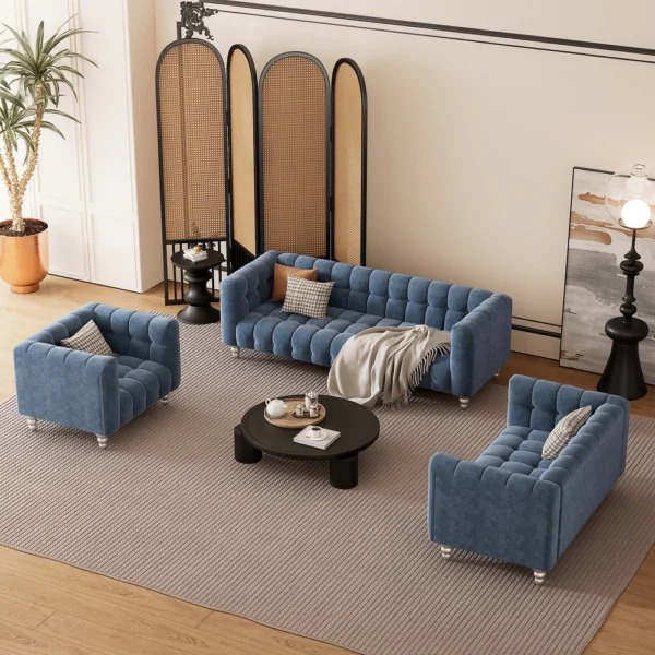 Modern 3-piece sofa set with solid wood legs, buttoned tufted backrest, Dutch fleece upholstered sofa set