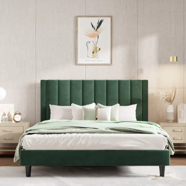 Stauton Upholstered Platform Bed with Velvet and Striped Headboard