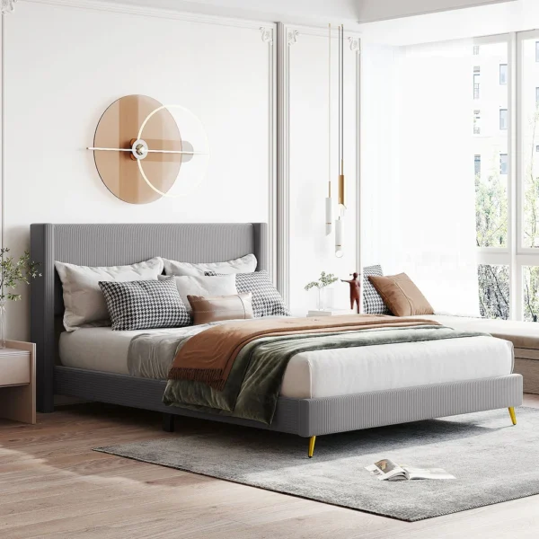 Queen Size Corduroy Upholstered Platform Bed with Metal Legs - Grey