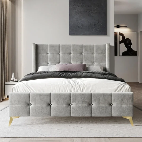 CraftPorch Luxurious Square Button-Tufted Wingback Velvet Upholstered Bed