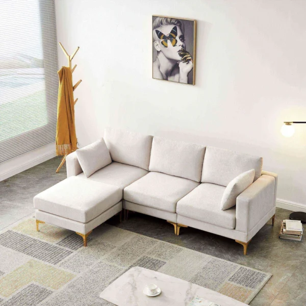 Modern L Shape Sectional Sofa Couch with Ottoman, Comfortable 4-Piece Living Room Furniture with Gold Metal Legs. - Beige