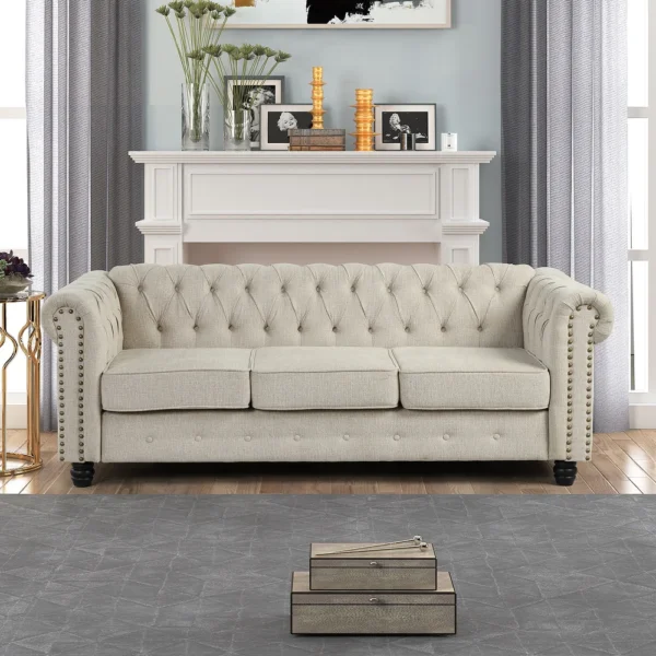 Morden Fort Linen Chesterfield Sofa with Button Tufted, Nailhead and Solid Wood Legs for Living Room - Beige
