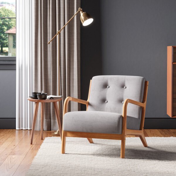 Solid Wood Frame Arm Chair Fabric Upholstered Buttoned Sofa - Wood Effect