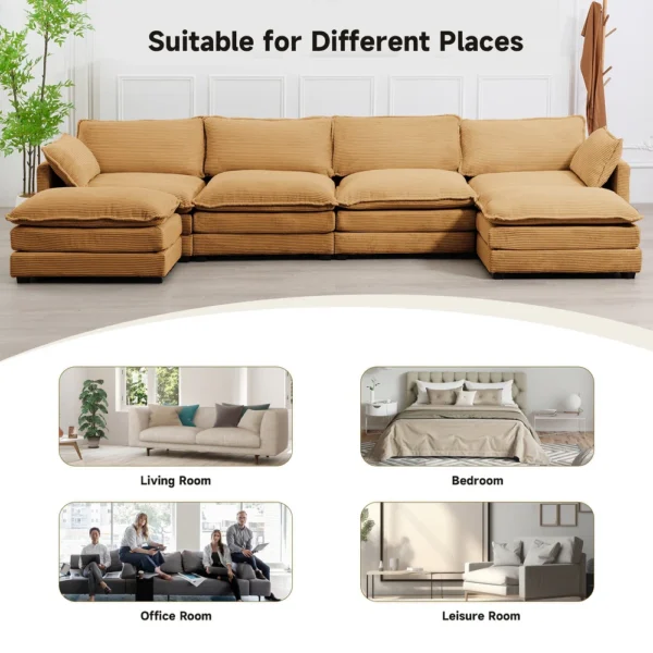 Corduroy Sectional Sofa with Ottomans and Ultra-soft Cushions for Living Room & Bedroom - 4 Seats With 2 Ottomans - Tan - Image 10