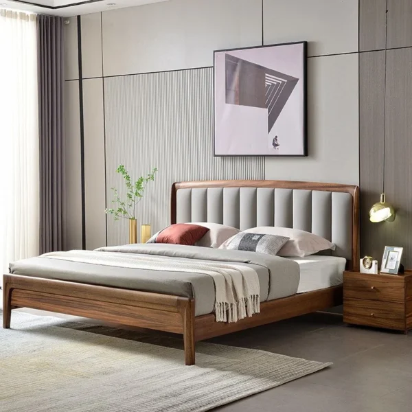 Upholstered Headboard Standard Bed Walnut Bed Frame with Legs - Image 10