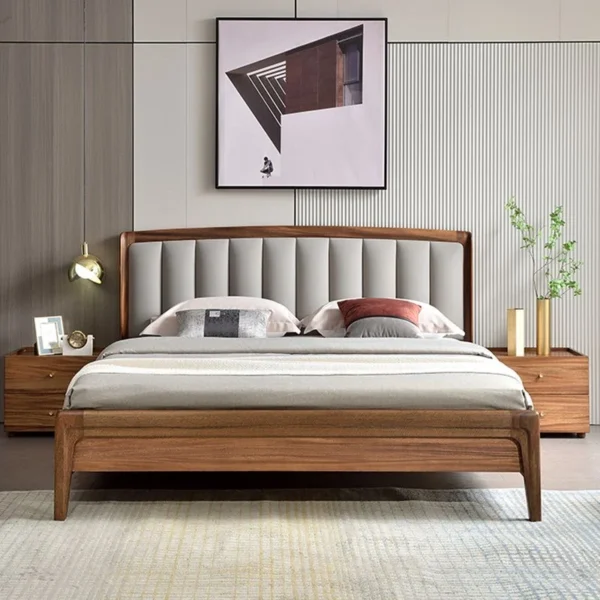 Upholstered Headboard Standard Bed Walnut Bed Frame with Legs - Image 11