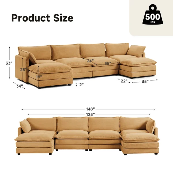 Corduroy Sectional Sofa with Ottomans and Ultra-soft Cushions for Living Room & Bedroom - 4 Seats With 2 Ottomans - Tan - Image 11