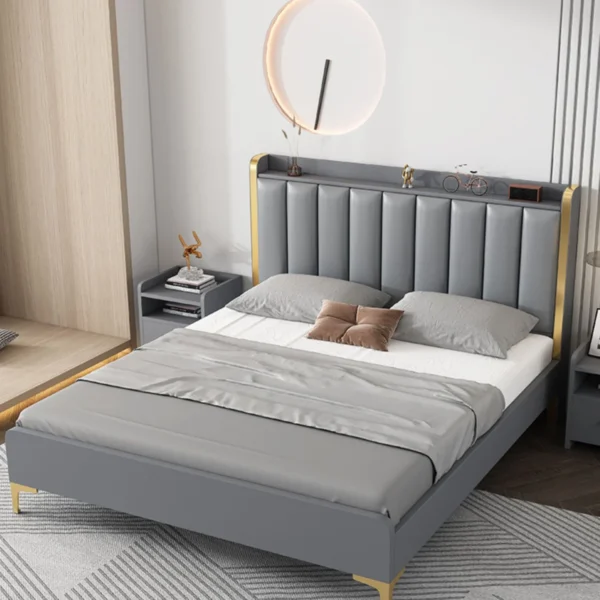 Modern Solid Wood Standard Bed Headboard Bed Frame with Golden Legs - Image 14
