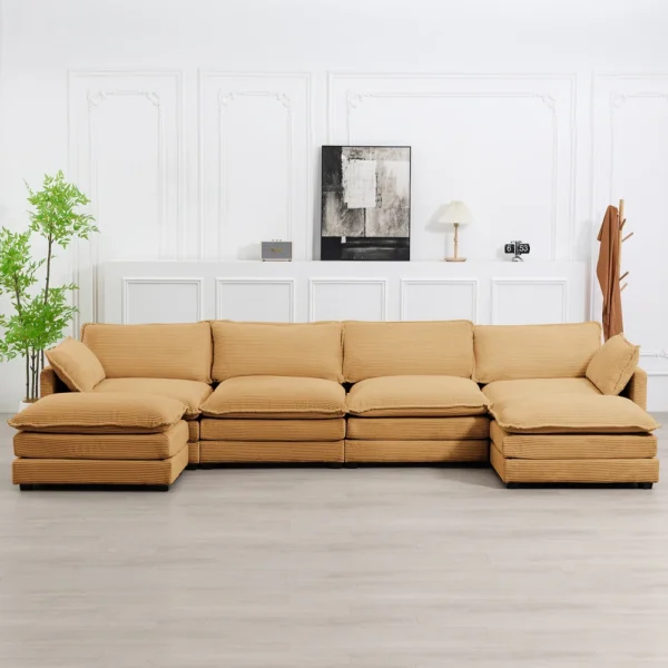 Corduroy Sectional Sofa with Ottomans and Ultra-soft Cushions for Living Room & Bedroom - 4 Seats With 2 Ottomans - Tan - Image 2