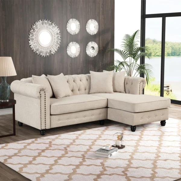 Morden Fort Chesterfield Sofa Living Room Furniture Couches Linen - Beige - Image 2