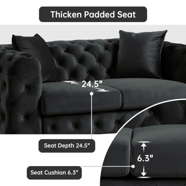 Morden Fort Modern Velvet Sofa with Button Tufted, Solid Wood Frame and Iron Legs - Black - Image 2