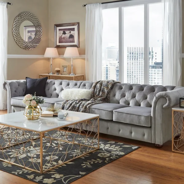 Knightsbridge Light-grey Extra Long Chesterfield Sofa Artisan - 4 Seat Sofa - Grey Velvet - Image 2