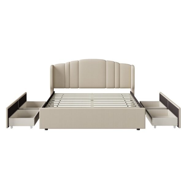 Linen Fabric Upholstered Platform Bed with Wingback Headboard, No Box Spring Needed Wood Slat Support Queen Size Bed Frame - Image 2