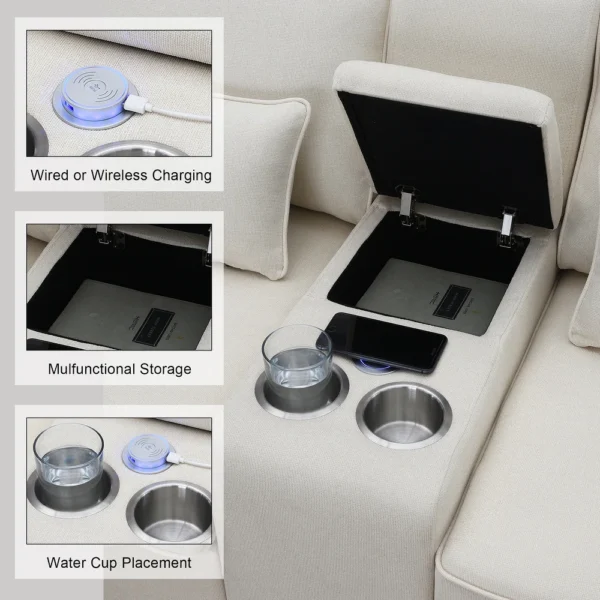 Upholstered Sofa with Console, 2 Cupholders and 2 USB Ports Wired or Wirelessly Charged - Image 2
