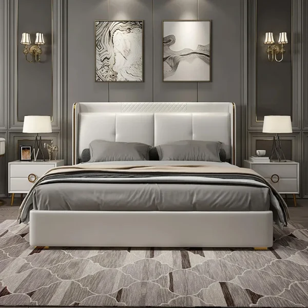 White Wingback King Bed with Faux Leather Upholstered Headboard & Wood Slats - Image 2