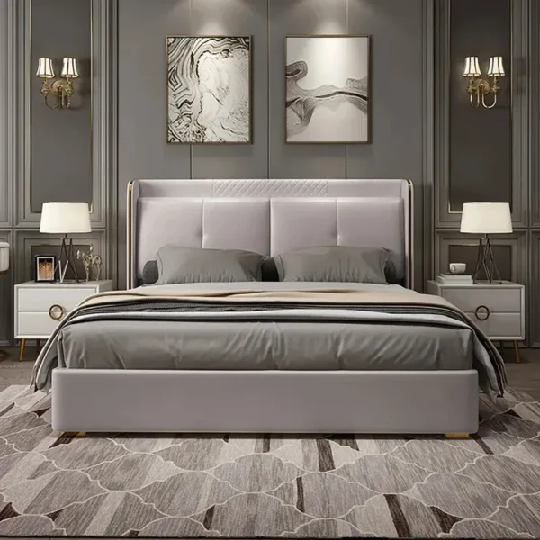 Light Gray Wingback King Bed with Faux Leather Upholstered Headboard & Wood Slats - Image 2