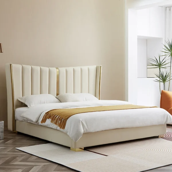 Modern Beige King Size Bed Wingback Headboard Leather Upholstery & Gold Stainless Steel - Image 2