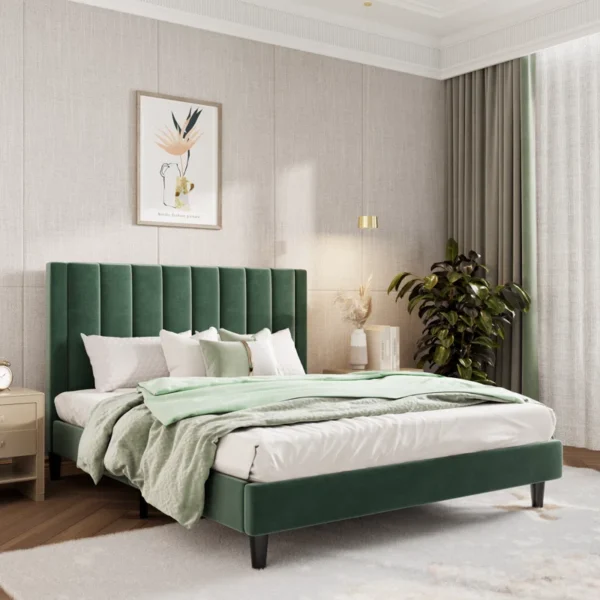 Stauton Upholstered Platform Bed with Velvet and Striped Headboard - Image 2