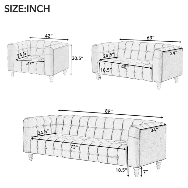 Modern 3-piece sofa set with solid wood legs, buttoned tufted backrest, Dutch fleece upholstered sofa set - Image 2