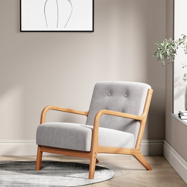 Solid Wood Frame Arm Chair Fabric Upholstered Buttoned Sofa - Wood Effect - Image 2