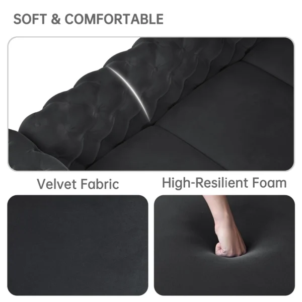 Morden Fort Modern Velvet Sofa with Button Tufted, Solid Wood Frame and Iron Legs - Black - Image 3