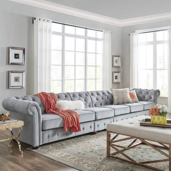 Knightsbridge Light-grey Extra Long Chesterfield Sofa Artisan - 4 Seat Sofa - Grey Velvet - Image 3