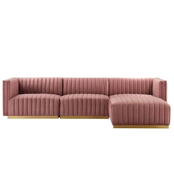Conjure Channel Tufted Performance Velvet 4-Piece Sectional - Gold Dusty Rose - Image 3