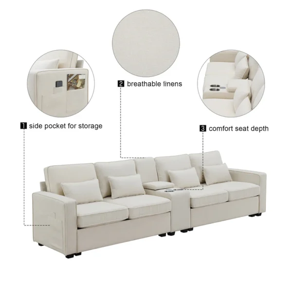 Upholstered Sofa with Console, 2 Cupholders and 2 USB Ports Wired or Wirelessly Charged - Image 3