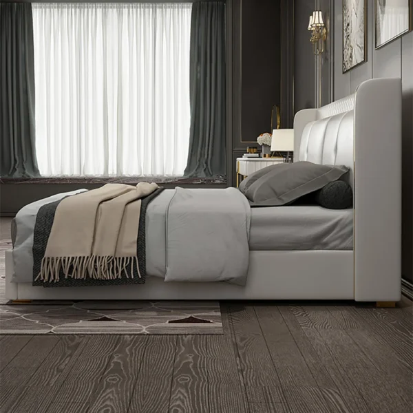 White Wingback King Bed with Faux Leather Upholstered Headboard & Wood Slats - Image 3