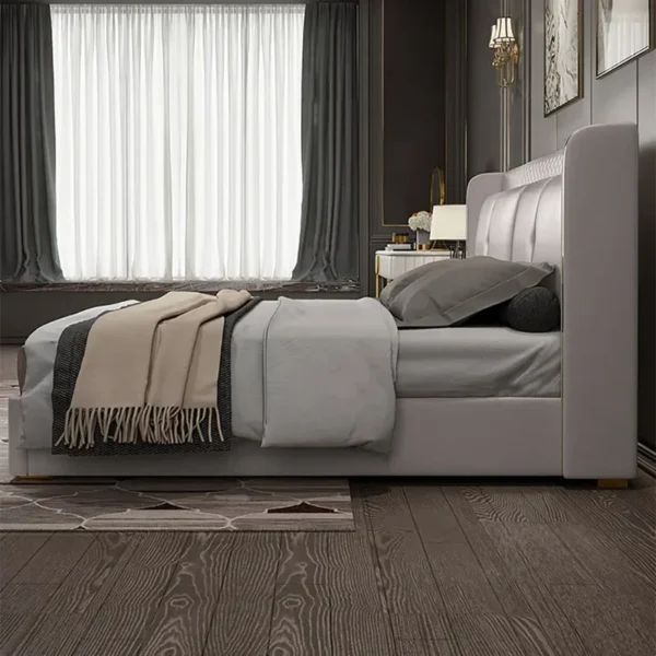 Light Gray Wingback King Bed with Faux Leather Upholstered Headboard & Wood Slats - Image 3