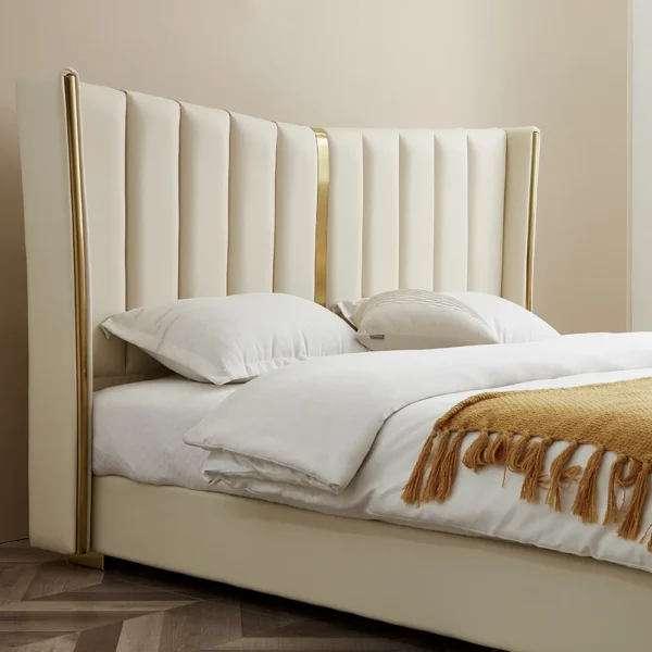 Modern Beige King Size Bed Wingback Headboard Leather Upholstery & Gold Stainless Steel - Image 3