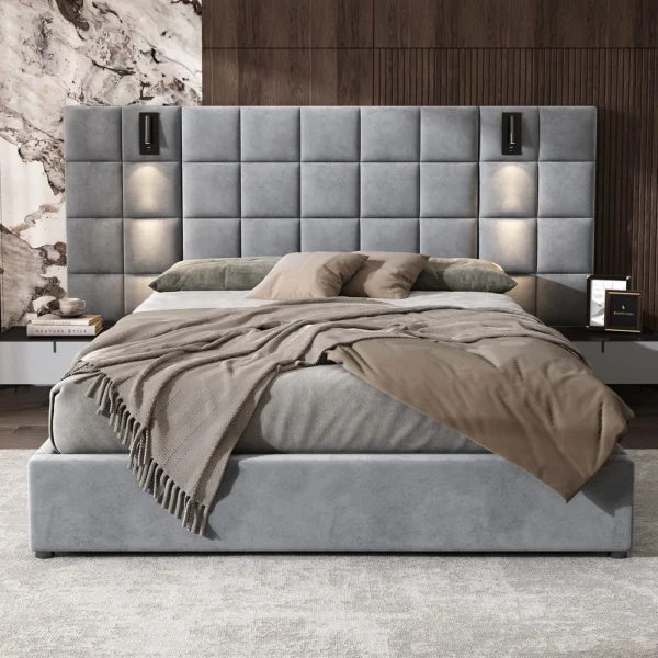 Svens Modern Upholstered Velvet Platform Bedframe & Headboard with Lamps and USB Ports, Grey - Image 2