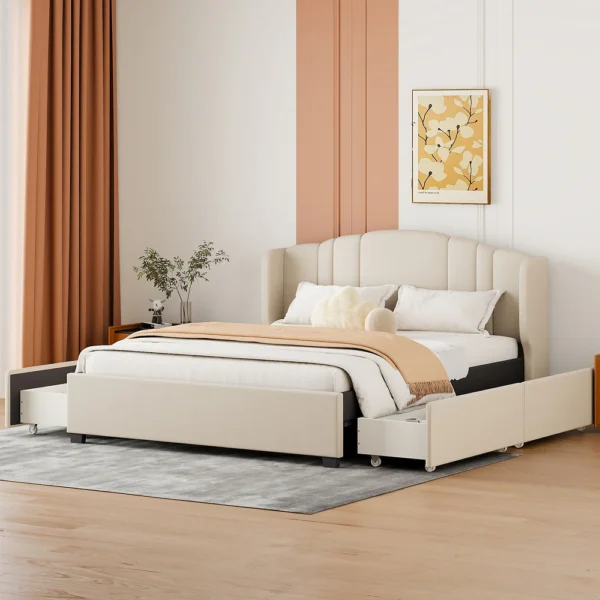 Linen Fabric Upholstered Platform Bed with Wingback Headboard, No Box Spring Needed Wood Slat Support Queen Size Bed Frame