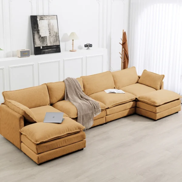 Corduroy Sectional Sofa with Ottomans and Ultra-soft Cushions for Living Room & Bedroom - 4 Seats With 2 Ottomans - Tan - Image 3