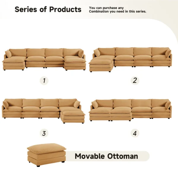 Corduroy Sectional Sofa with Ottomans and Ultra-soft Cushions for Living Room & Bedroom - 4 Seats With 2 Ottomans - Tan - Image 4