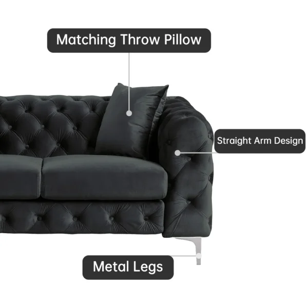 Morden Fort Modern Velvet Sofa with Button Tufted, Solid Wood Frame and Iron Legs - Black - Image 4
