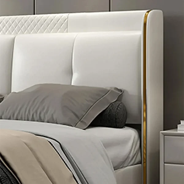 White Wingback King Bed with Faux Leather Upholstered Headboard & Wood Slats - Image 4