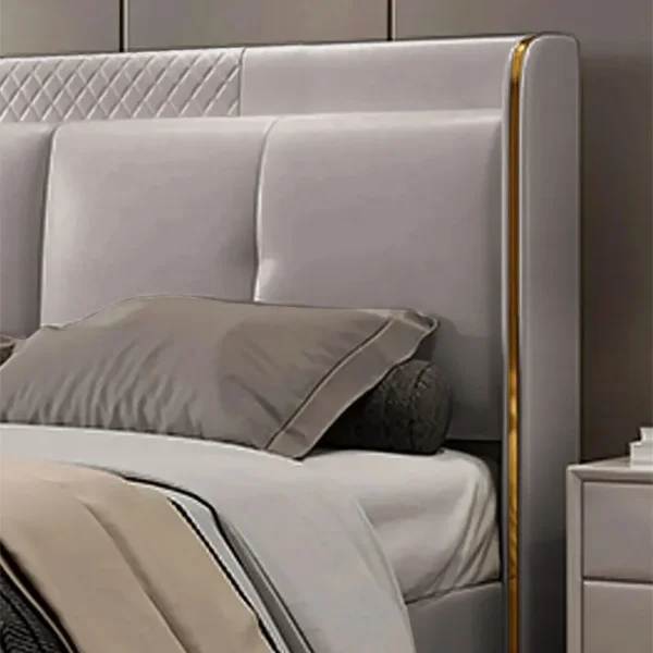 Light Gray Wingback King Bed with Faux Leather Upholstered Headboard & Wood Slats - Image 4