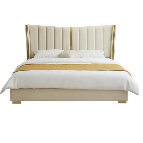 Modern Beige King Size Bed Wingback Headboard Leather Upholstery & Gold Stainless Steel - Image 4