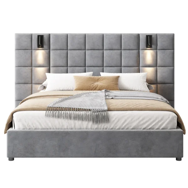 Svens Modern Upholstered Velvet Platform Bedframe & Headboard with Lamps and USB Ports, Grey - Image 3