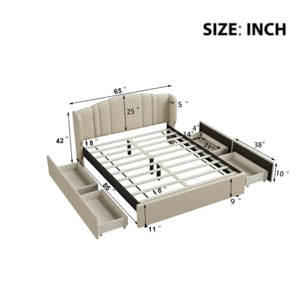 Linen Fabric Upholstered Platform Bed with Wingback Headboard, No Box Spring Needed Wood Slat Support Queen Size Bed Frame - Image 4