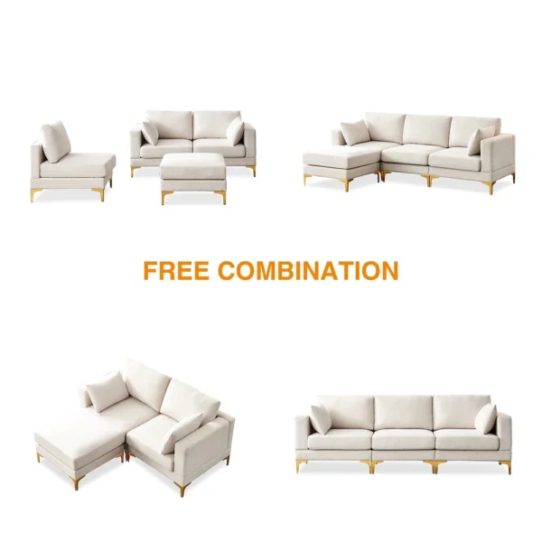 Modern L Shape Sectional Sofa Couch with Ottoman, Comfortable 4-Piece Living Room Furniture with Gold Metal Legs. - Beige - Image 4