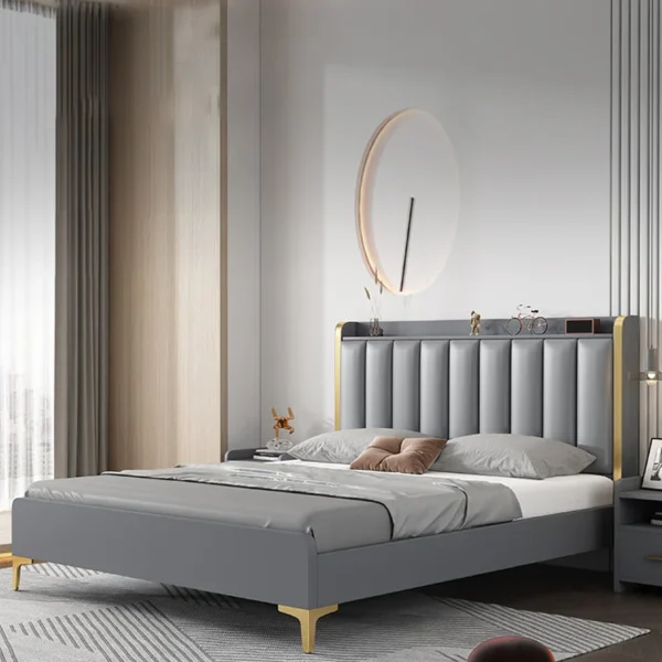 Modern Solid Wood Standard Bed Headboard Bed Frame with Golden Legs - Image 4