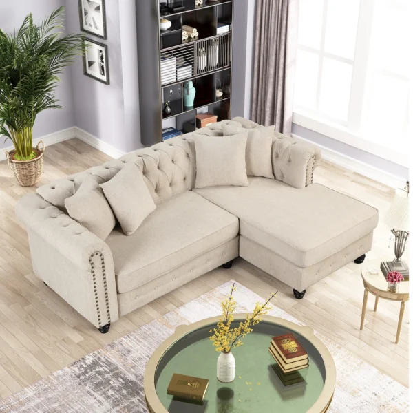 Morden Fort Chesterfield Sofa Living Room Furniture Couches Linen - Beige - Image 4