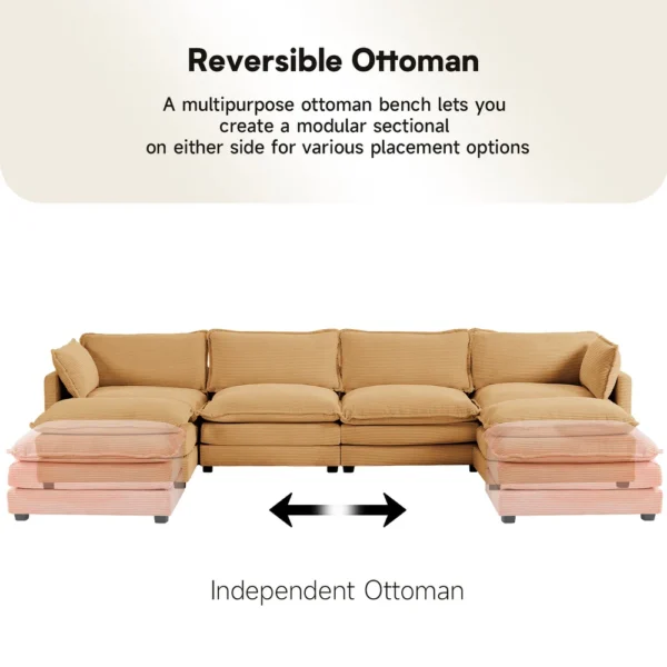 Corduroy Sectional Sofa with Ottomans and Ultra-soft Cushions for Living Room & Bedroom - 4 Seats With 2 Ottomans - Tan - Image 5